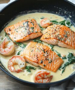 Salmon And Shrimp With Creamy Garlic Sauce Recipe