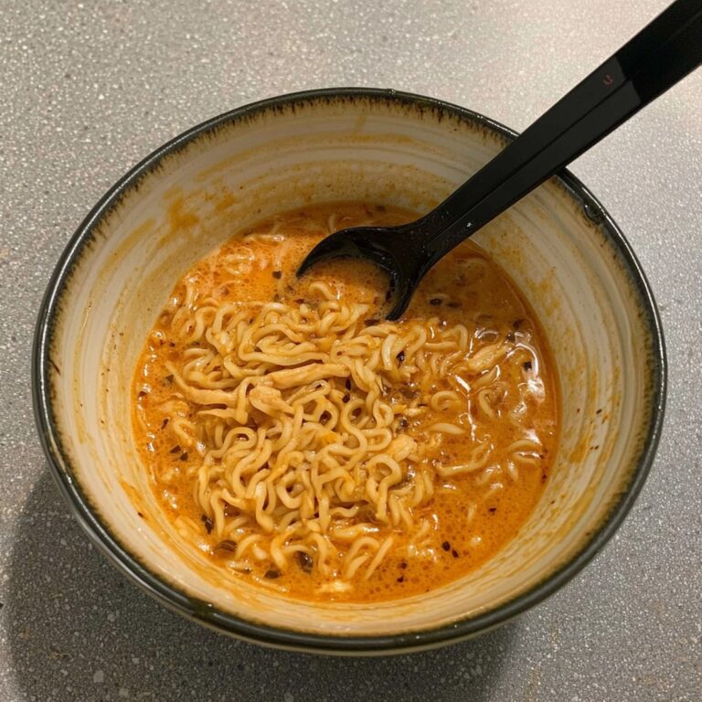 Fiery Chicken Ramen infused with a creamy garlic sauce Recipe