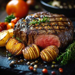 Grilled Ribeye Steaks with Hasselback Potatoes & Veggies Recipe