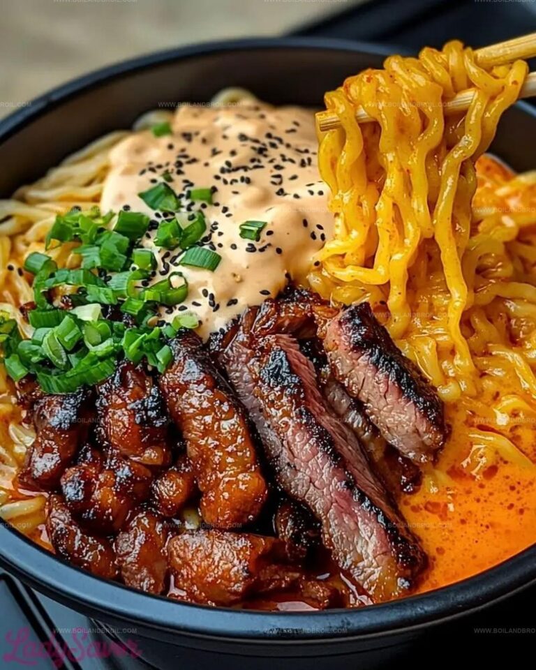Spicy Korean Ramen with Grilled Beef & Creamy Sauce Recipe