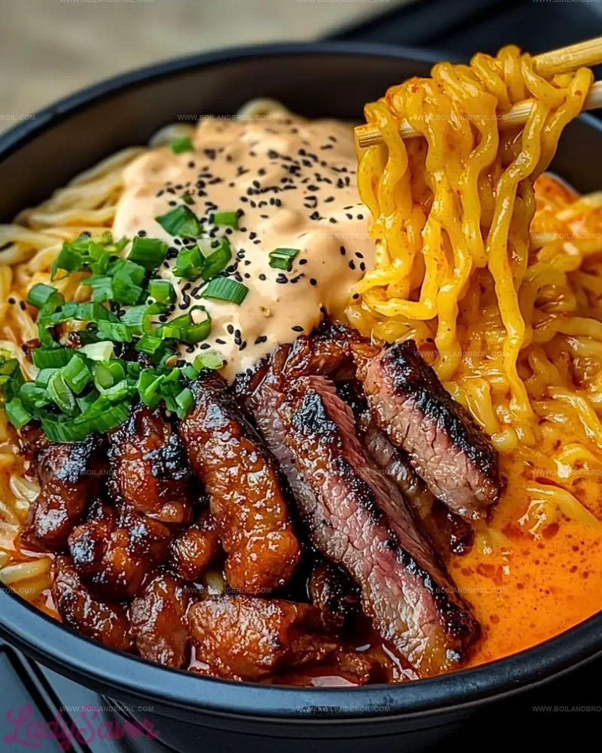 Spicy Korean Ramen with Grilled Beef & Creamy Sauce Recipe