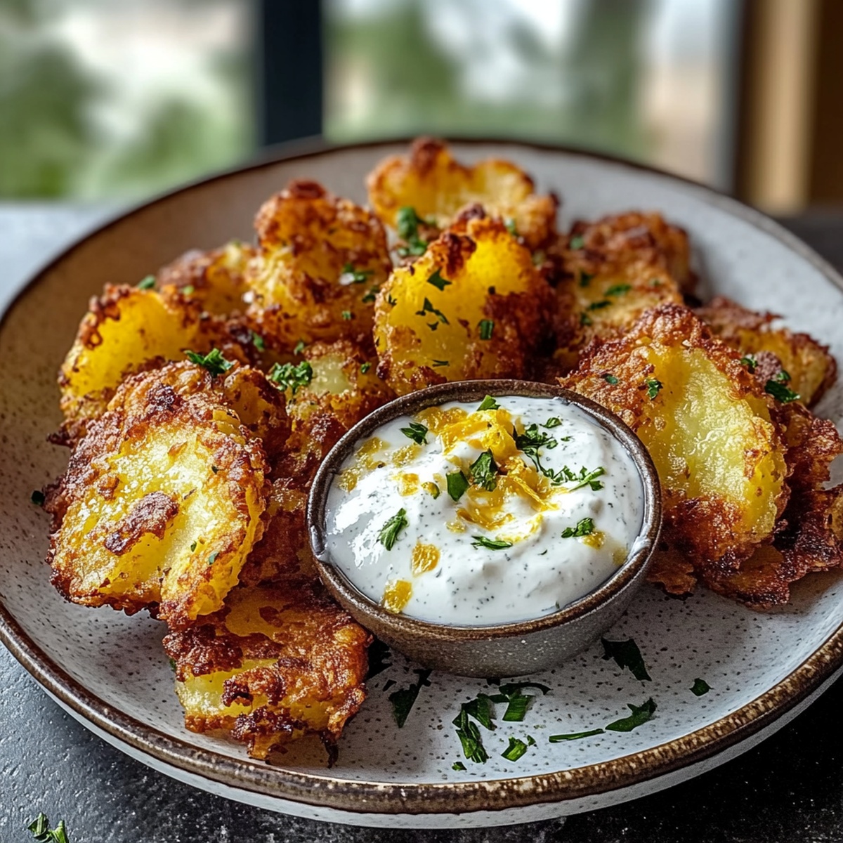Crispy Smashed Potatoes with Zesty Yogurt Dip Recipe